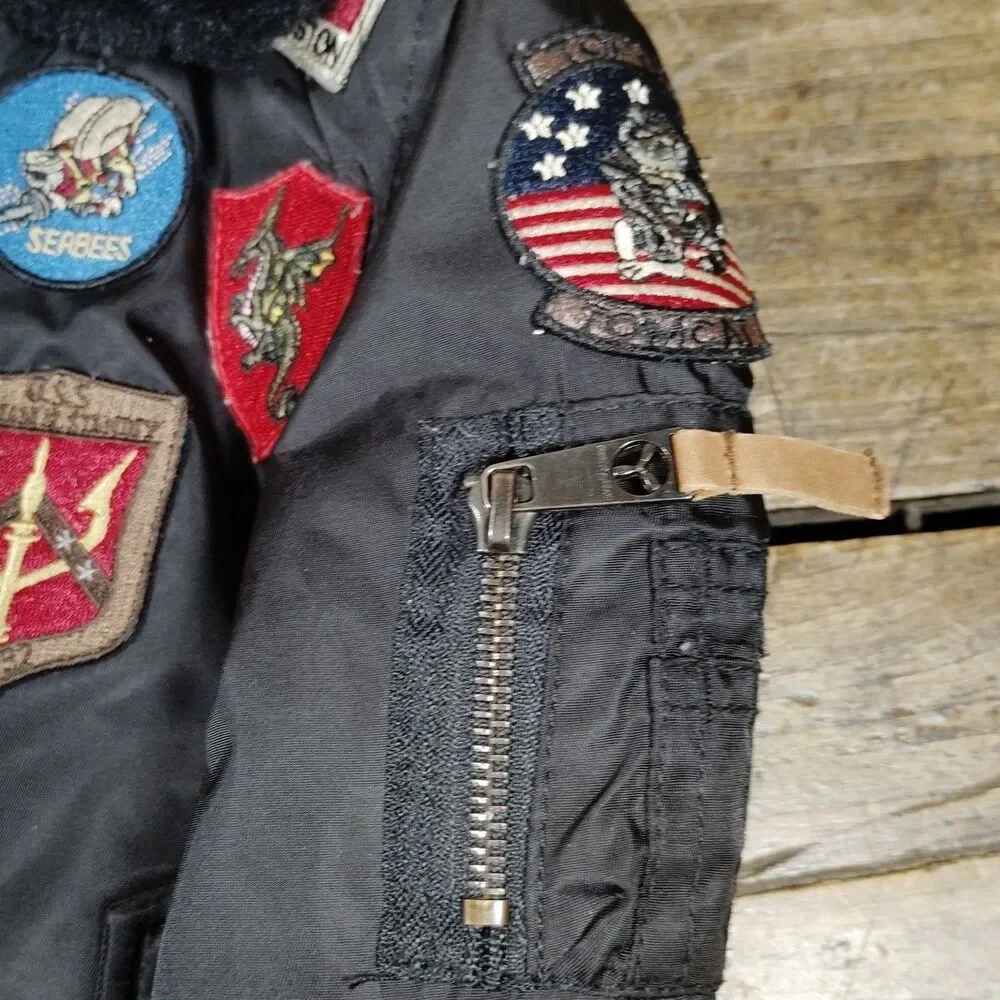Tommy Top Gun Bomber Jacket Coat 2T Black Patches Military Full Zip Faux Fur
